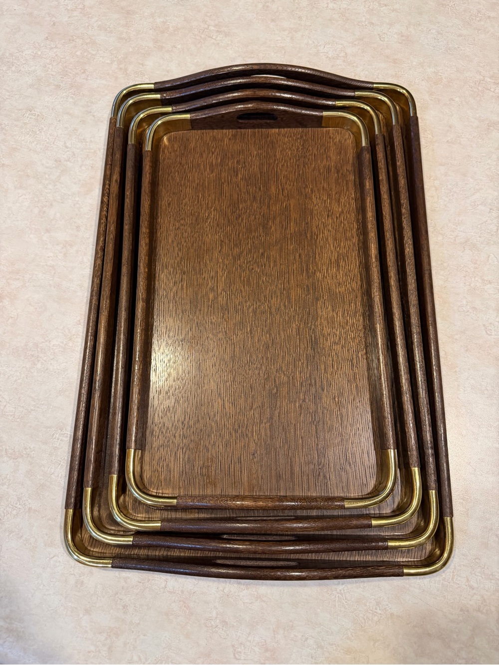 MCM nesting wood and brass tray set of 4
